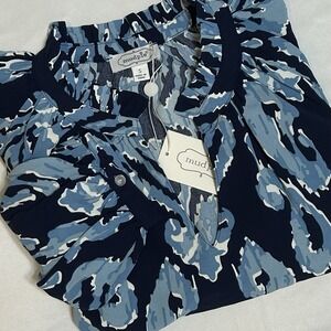 Mudpie Blouse Navy Print Balloon Sleeves Ruffle V Neck "Warren" Women's Small